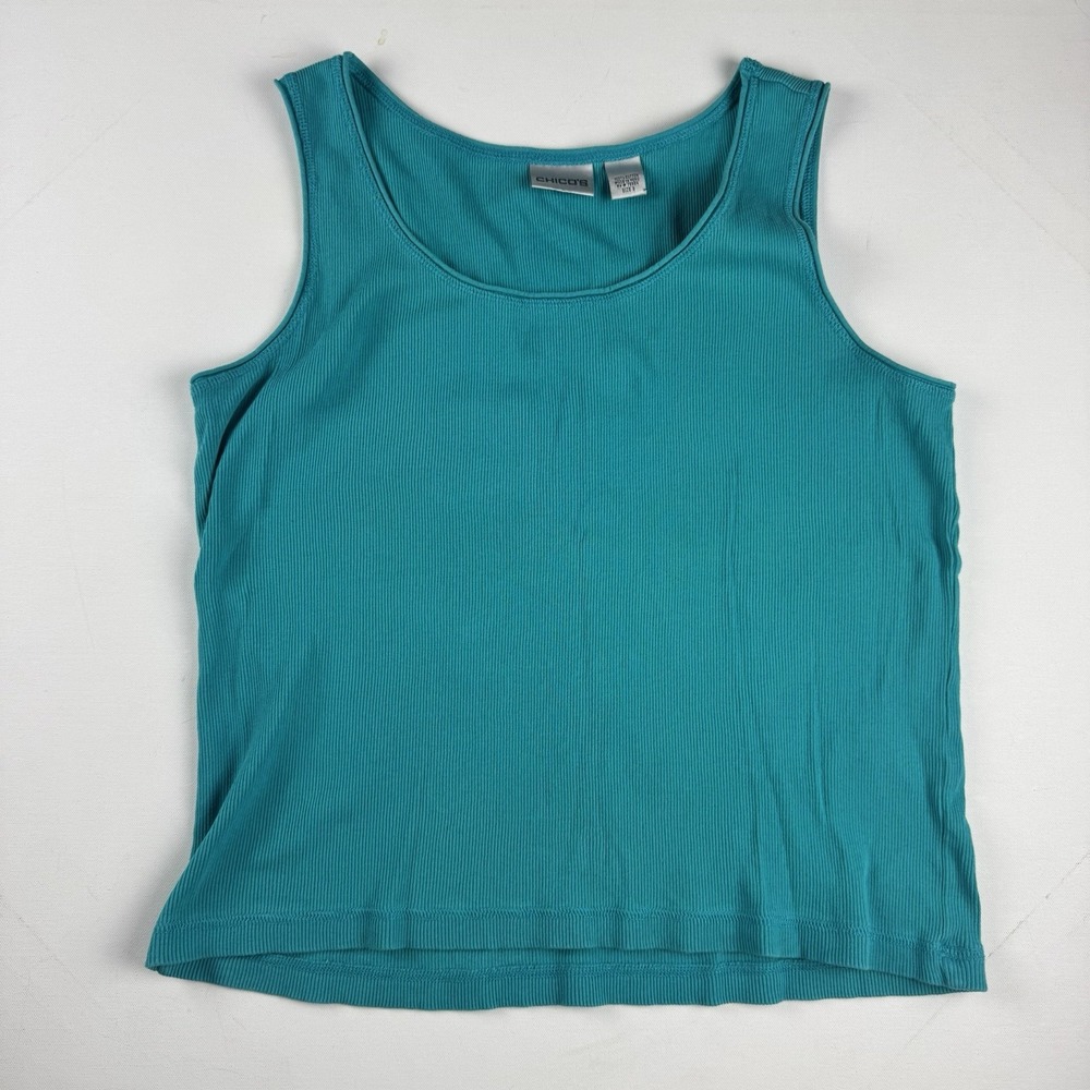 Chico's Ribbed Tank Top 3 Size XL Turquoise Teal 100% Cotton Scoop Neck